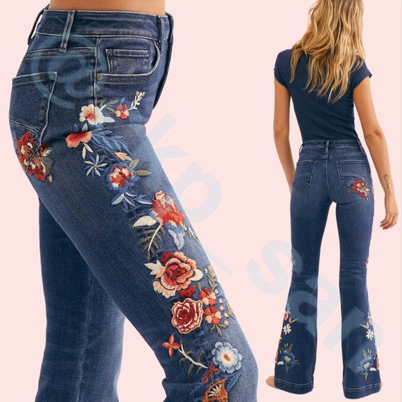 Free People x Driftwood Farrah Embroidered Flare Jeans Sz 28